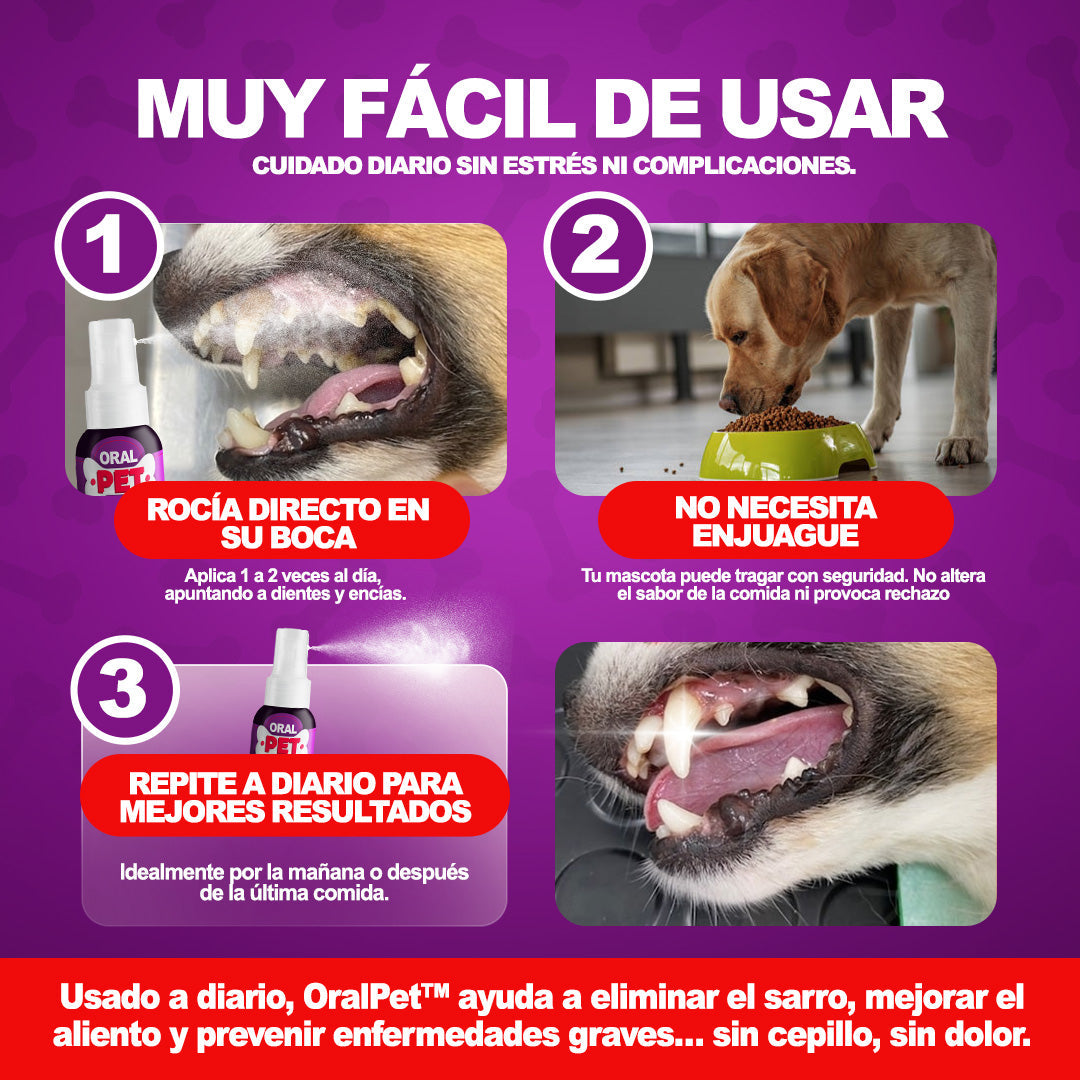 NO DEJES PASAR MÁS TIEMPO

PREVIENE LO PEOR
La placa dental se endurece en sarro y puede causar enfermedades graves como gingivitis, caries o mal aliento. Las dietas altas en azúcar o procesados empeoran el problema.


OralPet™ combate eficazmente todos los problemas orales comunes en perros y gatos.


Es natural, seguro y más efectivo que golosinas, masticables o enjuagues dentales.
